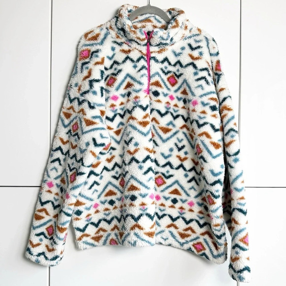 Eddie Bauer Aztec Fleece Women’s Size XXL White Pink Blue  Brown 1/4 Zip - Picture 1 of 7